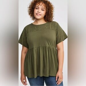 Torrid Vintage Cotton Jersey Crew Neck
Eyelet Yoke Babydoll Top in Olive Green